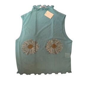 Ragstock Size M Rhinestone Daisy Sheer Mesh Top Aqua Blue Festival Rave NWT